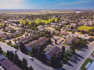 Neighbourhood residential in Canada, North America landscape drone shot from above.