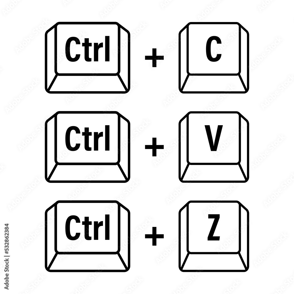 Aufkleber Ctrl C, Ctrl V and Ctrl Z computer keyboard buttons. Desktop interface. Web icon.  stock illustration.