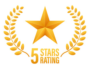5 star rating. Badge with icons on white background.  illustration.
