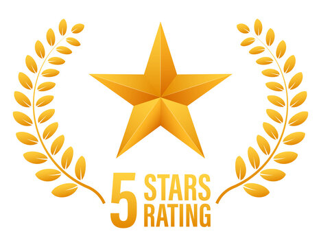 5 star rating. Badge with icons on white background.  illustration.