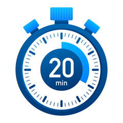 The 20 minutes, stopwatch  icon. Stopwatch icon in flat style, timer on on color background.  illustration.