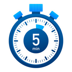 The 5 minutes, stopwatch  icon. Stopwatch icon in flat style, timer on on color background.  illustration.
