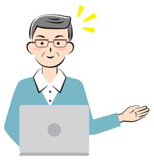 パソコン操作で案内するシニア男性