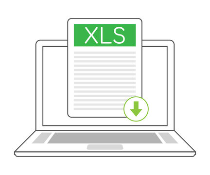 Download XLS button on laptop screen. Downloading document concept. File with XLS label and down arrow sign.  illustration.