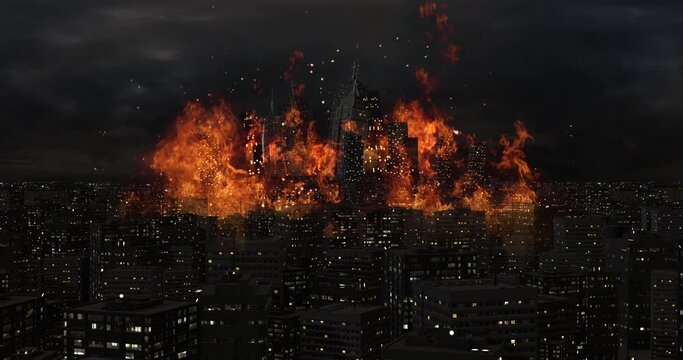 Aerial Bombing Of Crowded City At Night Time. Skyscrapers Collapsing. War And Destruction Related CG Concept.

