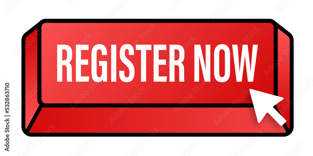 Poster register now with cursor button. internet icon. pointer click icon. stock illustration.