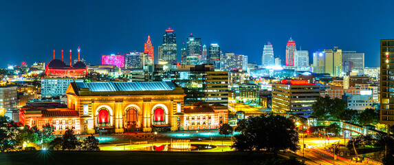 Kansas City skyline by night, viewed from Liberty Memorial Park, near Union Station. Kansas City is the largest city in Missouri. - 532863928