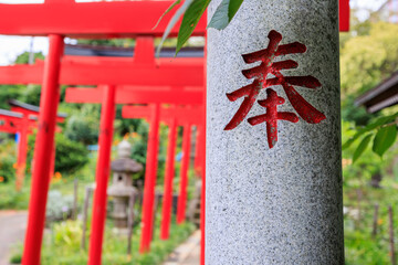 稲荷神社に奉納された朱色の鳥居と石の鳥居