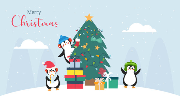 Merry christmas card with cute winter penguins vector illustration