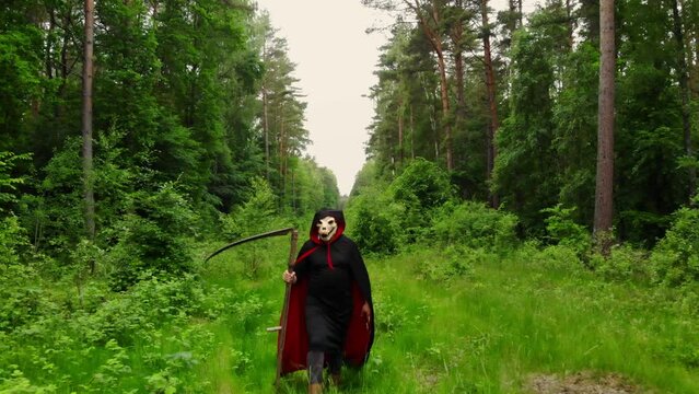 Scary Grim Reaper With Scythe Walking In The Forest. - pullback