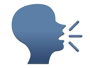 Dark blue silhouette of speaking person head icon with lines demonstrating speech being expelled - 532865584