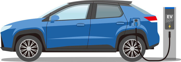 Blue electric SUV car with charging station. Vector illustration BEV