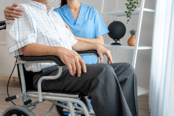 Caring nurse and a contented senior man in a wheel chair at home, nursing house. Medical for...