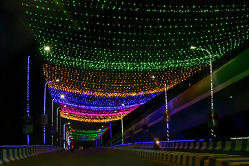 Kolkata, West Bengal, India - 24th October 2020 : Decorated lighting of Kolkata street at night....