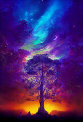 Plakat Fantasy of neon forest. Glowing colorful look like fairytale. 2D Illustration.