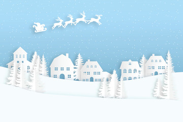 winter landscape with snow and trees. Santa Flying in the night on christmas. Winter lanscape with house, snow and tree. Paper cut vector design. The house in winter is covered with snow.