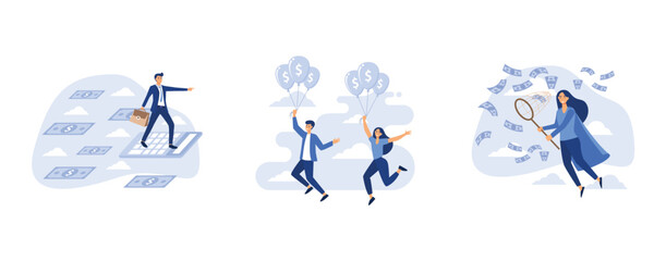 Businessman flying with paper money and clouds on blue background, businesspeople on hot air balloon investing money for future profit, people catch money, set flat vector modern illustration