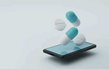 Capsule pills and pills floating on mobile screen white background