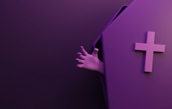 Purple Hand Reaching Out From Coffin On Dark Purple Background.