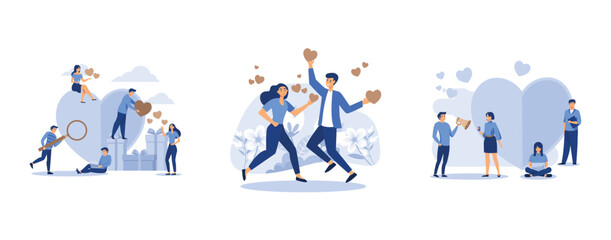 preparation for Valentine's Day, couple in love and hearts, big heart, set flat vector modern illustration