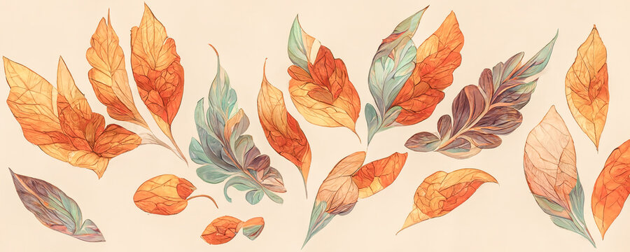 Spectacular multicolored leaves in an autumn design of digital 3D art illustration for abstract background, copyspace with a variety of spectacular leaf types.