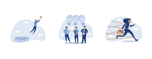 business tools advantage to reach goal or target, collaboration brainstorming and meeting of creative creative people with light bulb ideas, woman career obstacle or inequality, set flat vector modern