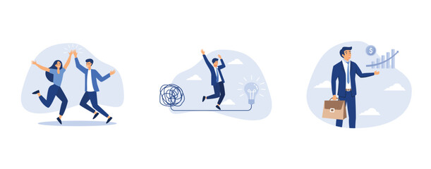 Fototapeta premium Team success winners, thinking process or creativity to solve problem, investment profit growth, set flat vector modern illustration