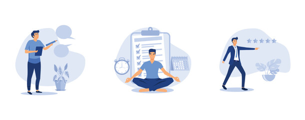 Note taking or minutes of meeting, businessman meditate balancing clock and calendar on completed task paper, confidence businessman giving 5 stars rating, set flat vector modern illustration
