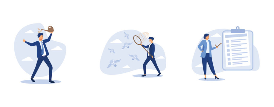 growth mindset, smart businessman chasing and catch flying lightbulb ideas with butterfly net, woman giving check on checkbox in achievement list notepad paper, set flat vector modern illustration