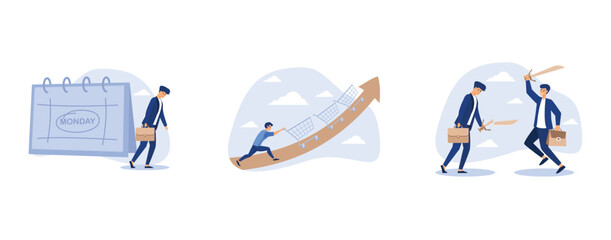 Monday blues, purchasing power growth or consumer spending more money, confidence businessman holding strong sword and other holding weak one, set flat vector modern illustration