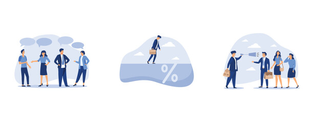 Teamwork share opinion, investment profit and loss concept, confidence businessman manager talk with team through megaphone in clear discussion meeting, set flat vector modern illustration