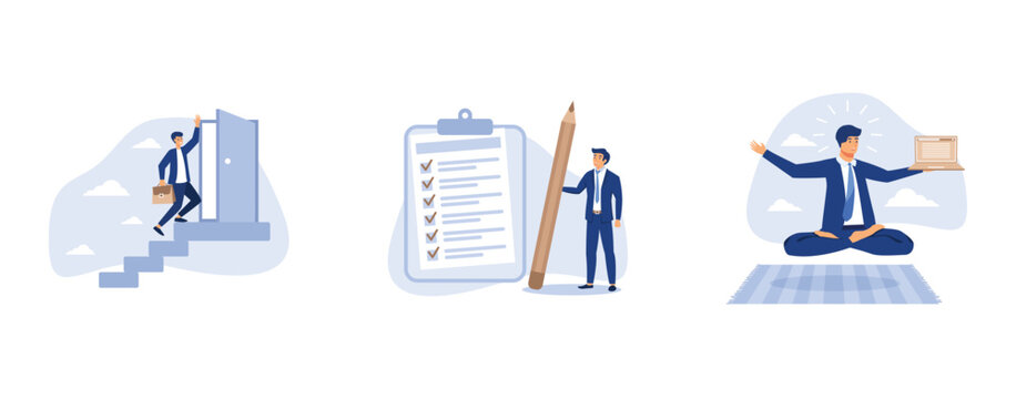 Open new opportunity door, confident businessman standing with pencil after completed all tasks checklist, professional advisor or consultant, set flat vector modern illustration