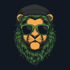 Lion fur green wearing beanie hat and glasses vector illustration