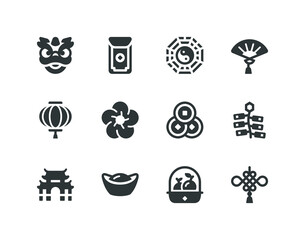 Chinese lunar new year solid glyph icon set with China related icons