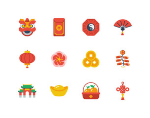 Chinese lunar new year flat color icon set with China related icons