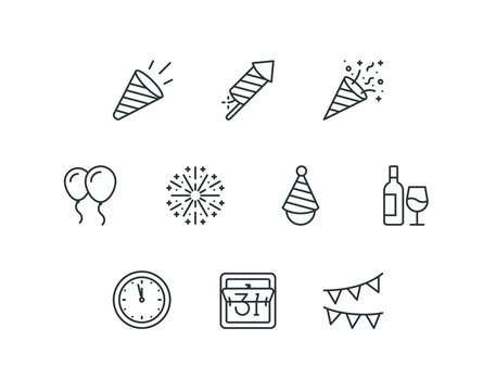 New year line icon set with party related icons