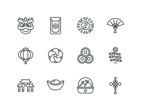 Chinese lunar new year line icon set with China related icons