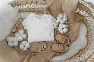 Mockup of white baby bodysuit shirt with basket, Social Media Pregnancy Announcement .Background...