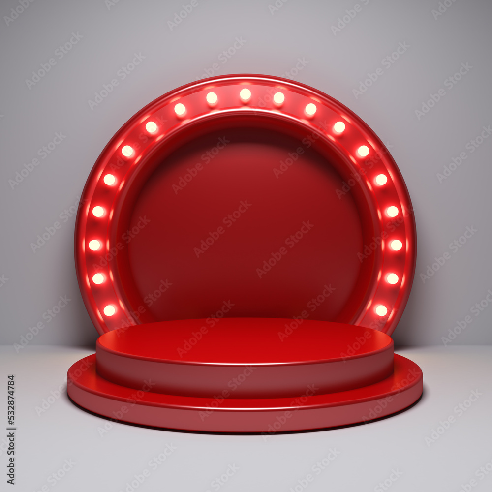Leinwandbilder blank red podium pedestal with retro yellow neon light bulbs or blank product display stand platform
