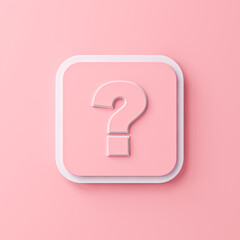 Minimal pink pastel color question mark sign on round square frame isolated on light pink wall background with shadow 3D rendering
