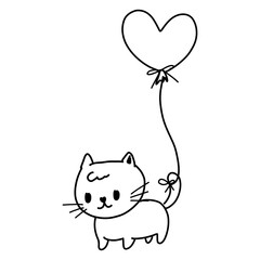 cat with heart outline illustration for coloring page 