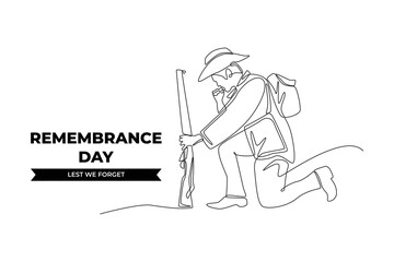 Continuous one line drawing a soldier kneeling with a gun beside the remembrance day to show respect. Remembrance day concept. Single line draw design vector graphic illustration. - obrazy, fototapety, plakaty