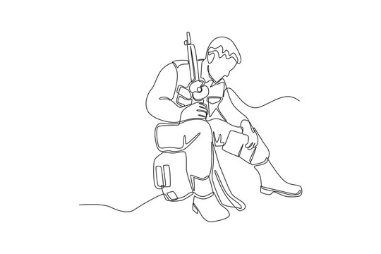 Continuous one line drawing. Soldier with weapon sitting and resting. Remembrance day concept. Single line draw design vector graphic illustration.