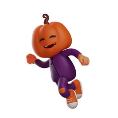 3D  illustration. The cute 3D Halloween Scarecrow character design has a happy expression. running while ship right swinging both hands. showing a cheerful smile. 3D Cartoon Character