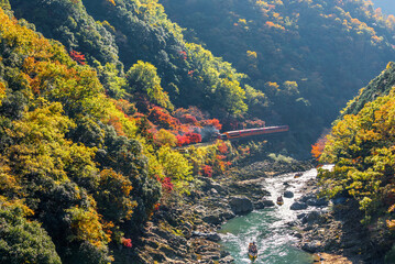 秋の保津峡を走る嵯峨野トロッコ列車と保津川下りの船