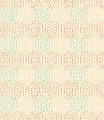Geometric repeating ornament with hexagonal dotted colored elements. Geometric modern colored ornament. Seamless abstract modern pattern