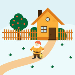 Vector children's illustration. A house and a dwarf. Print