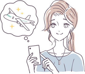 スマートフォンで航空券の予約をする女性　スマホで旅行について調べる人のイラスト素材