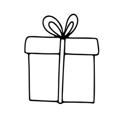 Doodle gift box with bow. Hand drawn line illustration isolated on white background. Surprise for Christmas or birthday