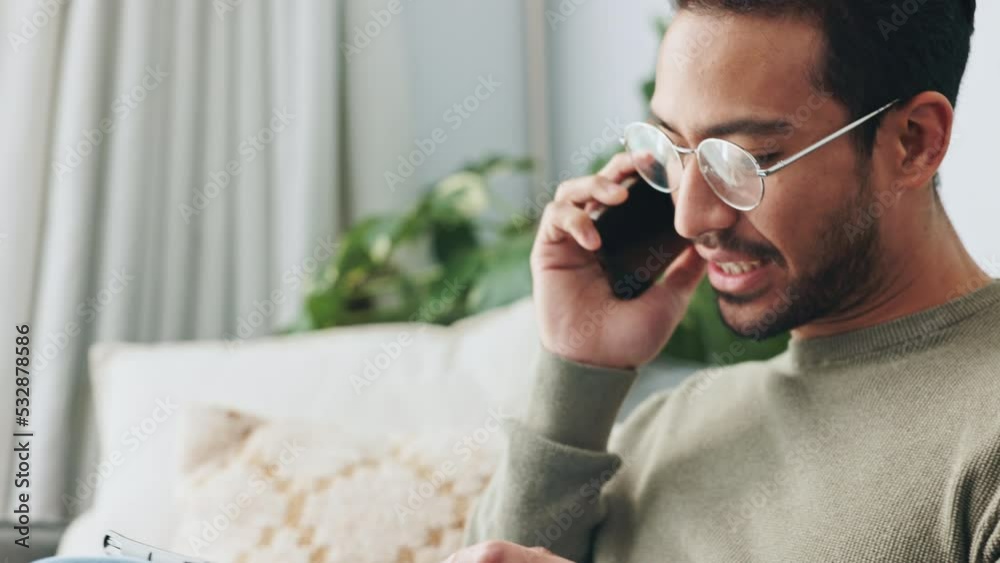 Poster phone, tablet and communication with a man talking on a call and browsing the internet on a sofa in 